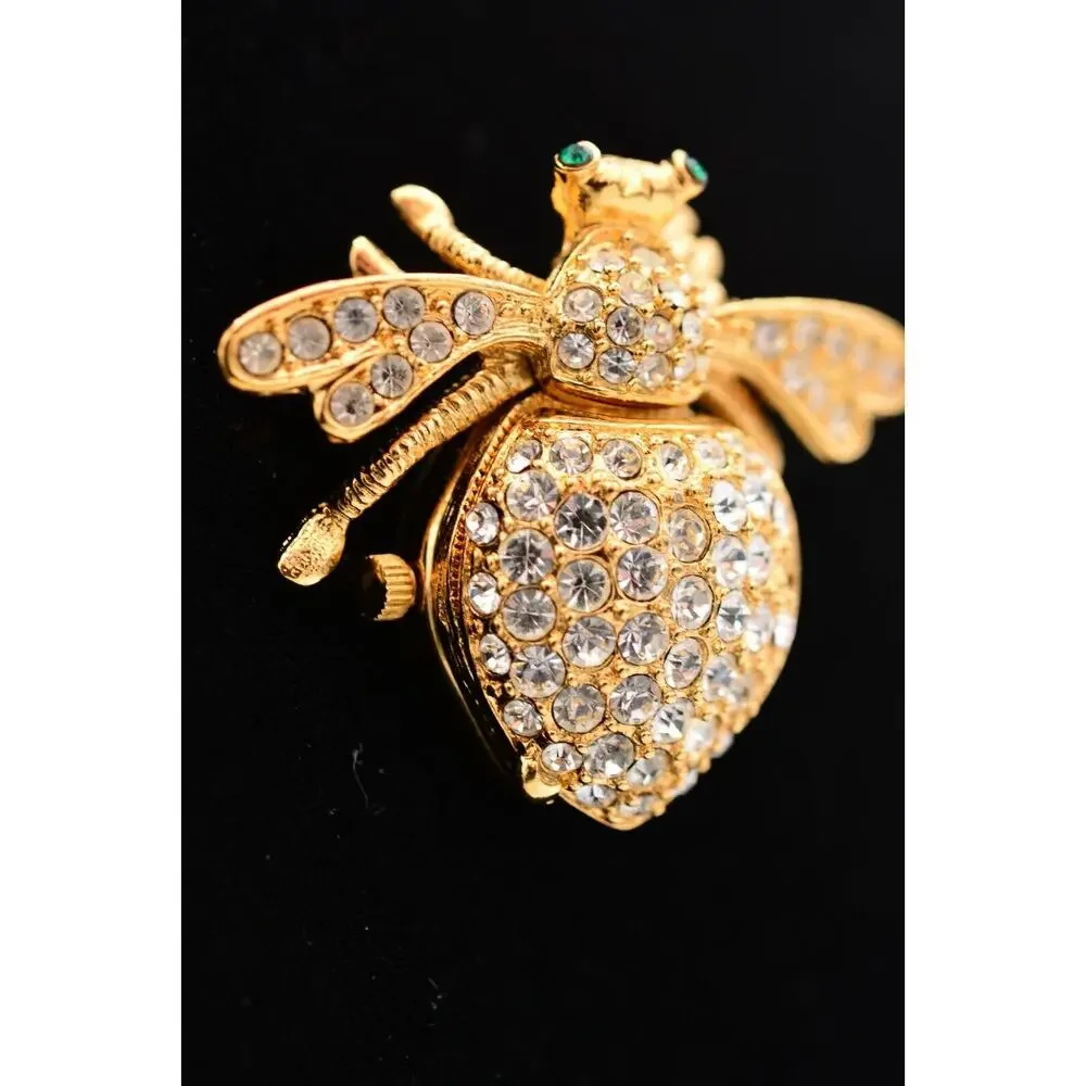 Joan Rivers Vintage Fly Watch Pin Brooch Rhinestone Crystal Gold Signed Bin5A